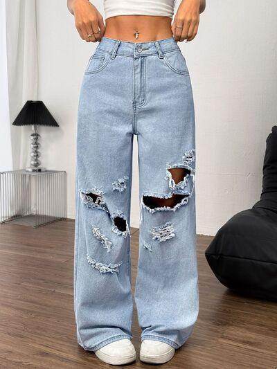 Distressed Wide Leg Jeans with Pockets for Women - Selvanelle