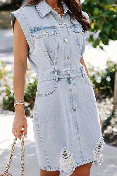 Distressed Half Button Cap Sleeve Denim Dress for Women - Selvanelle