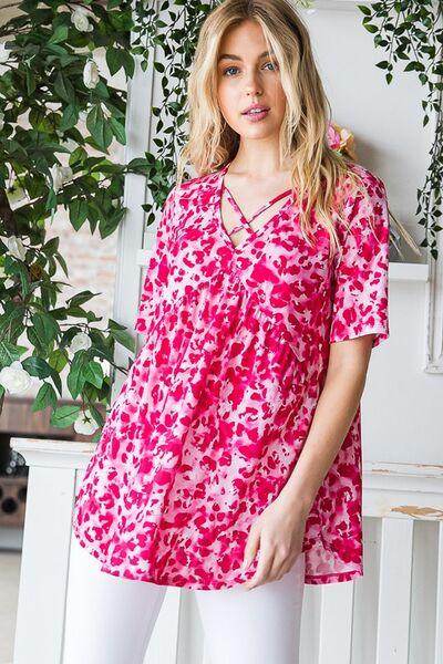 Heimish Full Size Short Sleeve Crisscross Animal Babydoll Top Plus Size - Selvanelle