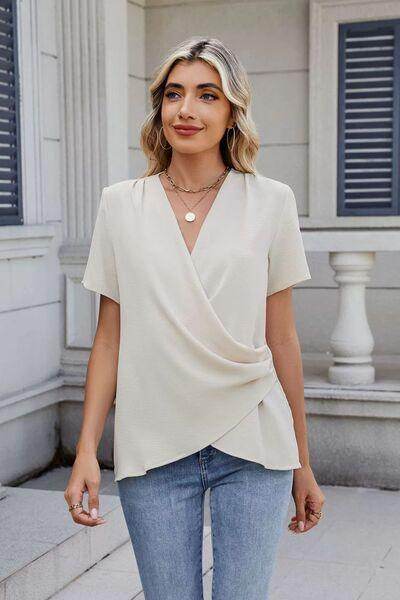 Solid Color Surplice Short Sleeve Blouse for Women - Selvanelle