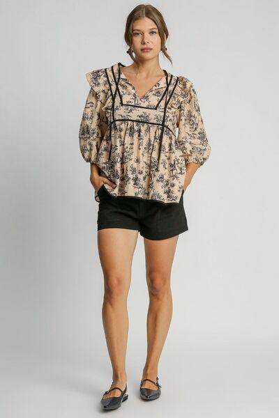 Umgee Ruffled Tie Neck Puff Sleeve Babydoll Blouse for Women - Selvanelle