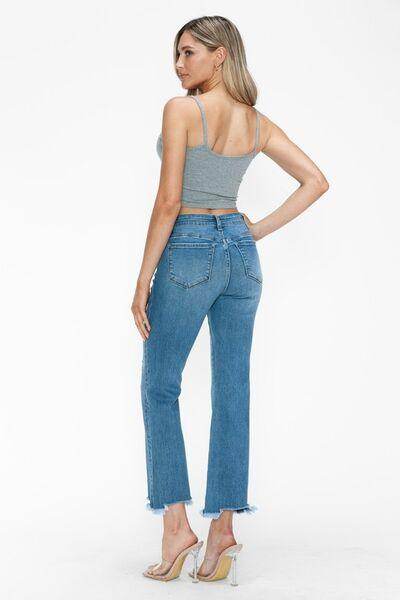 bytos Raw Hem Distressed Mid Rise Crop Jeans for Women - Selvanelle