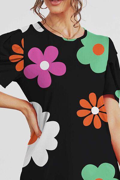 FAM-FAM Flower Round Neck Short Sleeve Blouse for Women - Selvanelle