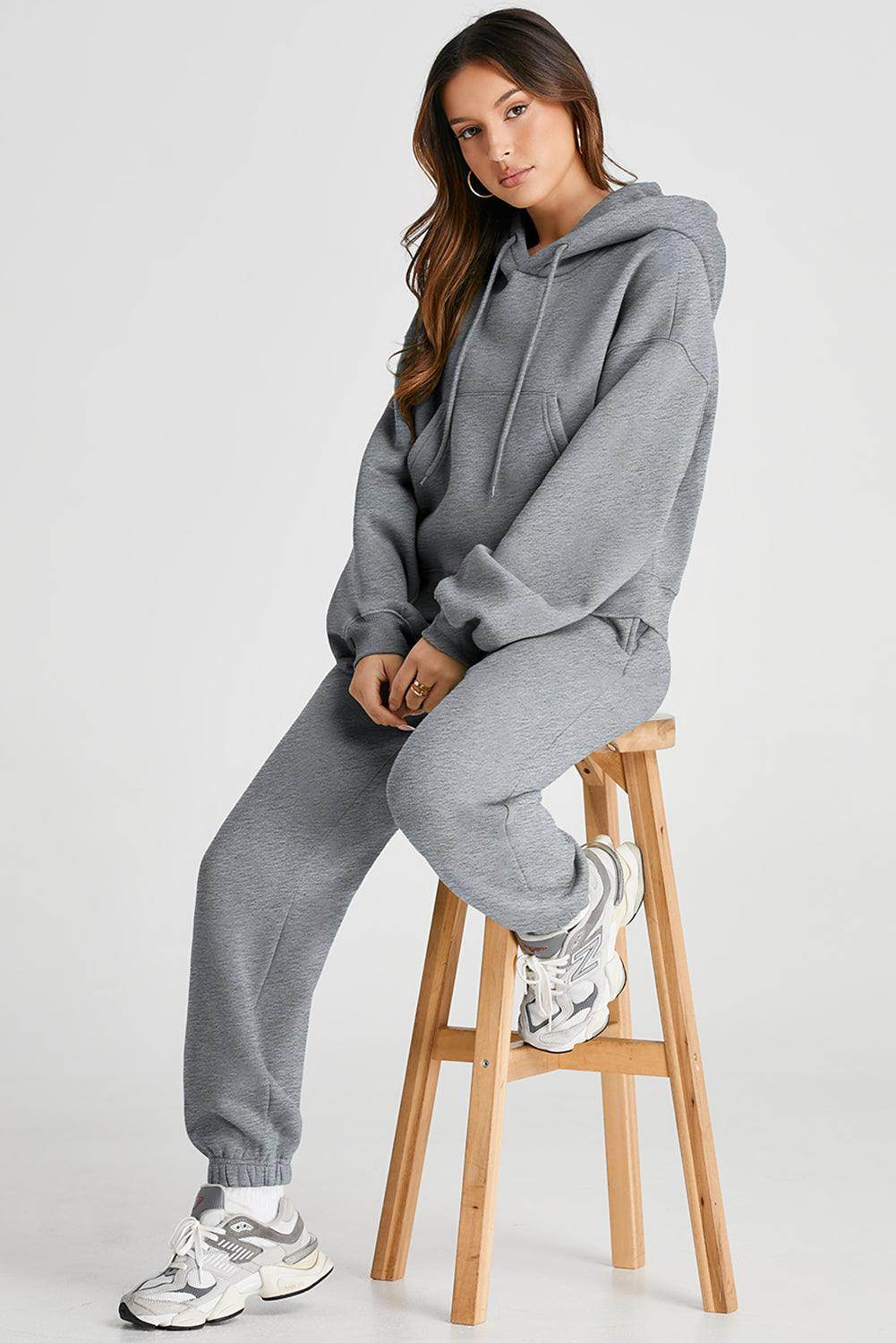 Dropped Shoulder Hooded Top and Pants Active Set for Women - Selvanelle