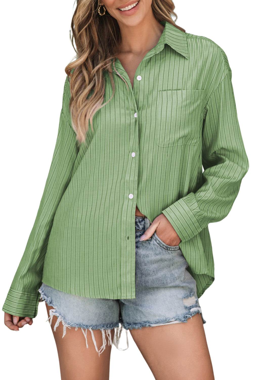 Striped Button Up Long Sleeve Shirt - Selvanelle
