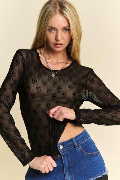 Davi & Dani Bow Mesh Round Neck Long Sleeve Top for Women - Selvanelle