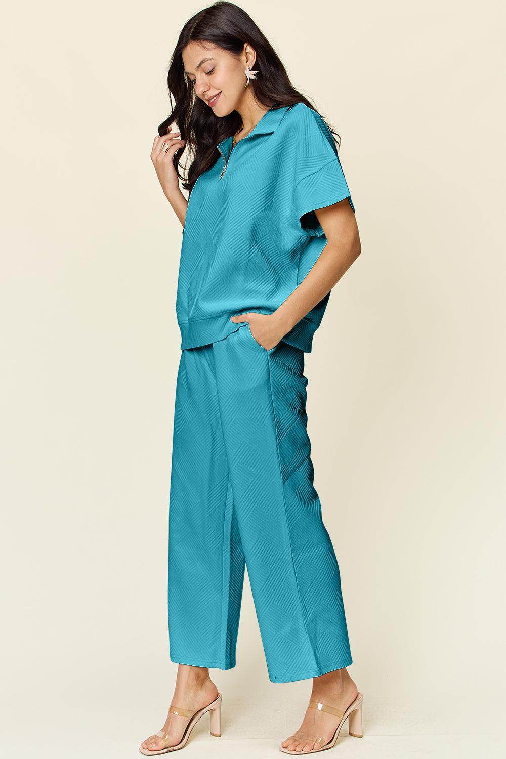 Double Take Full Size Texture Half Zip Short Sleeve Top Set - Selvanelle