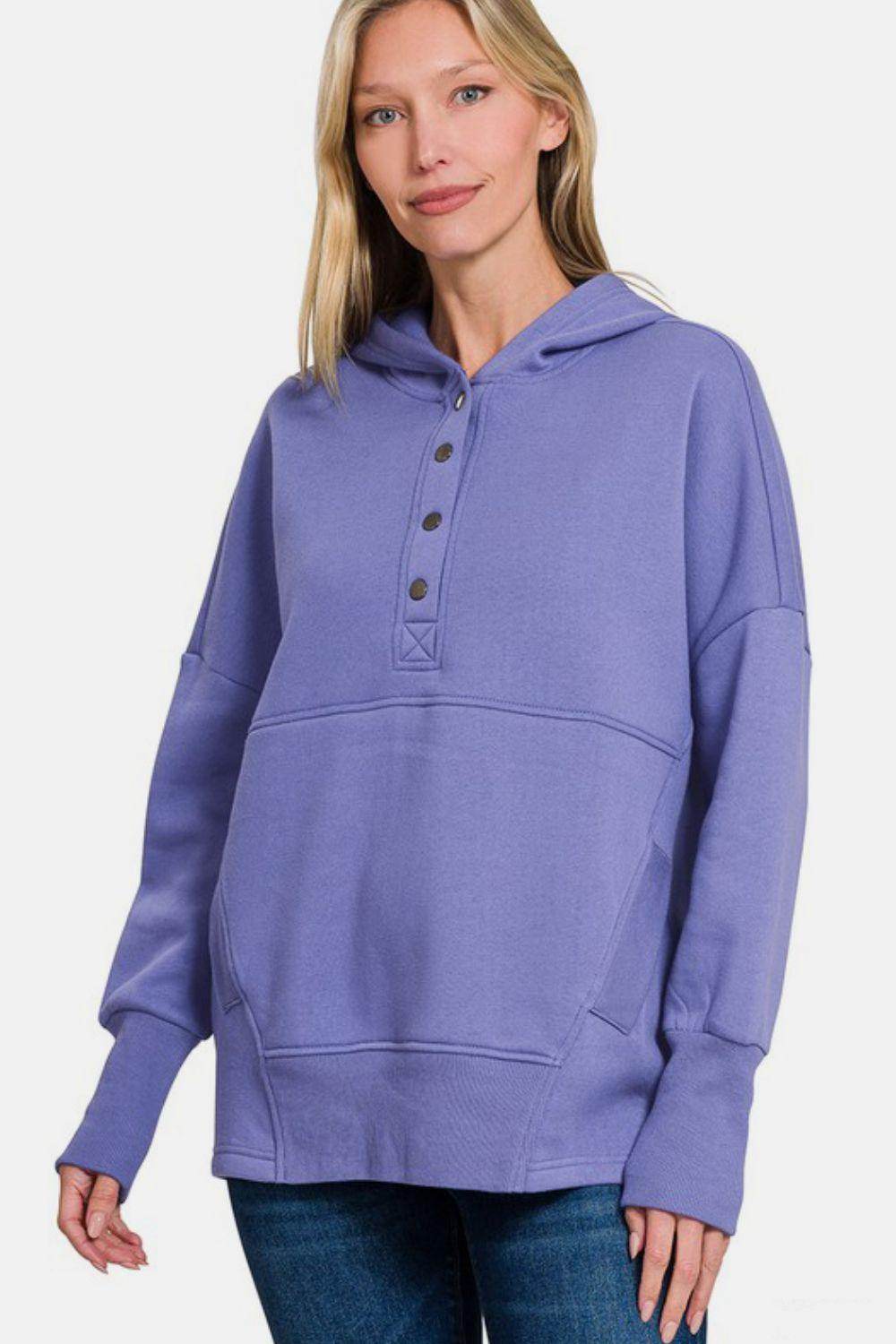 Zenana Half Snap Long Sleeve Hoodie with Kangaroo Pocket - Selvanelle