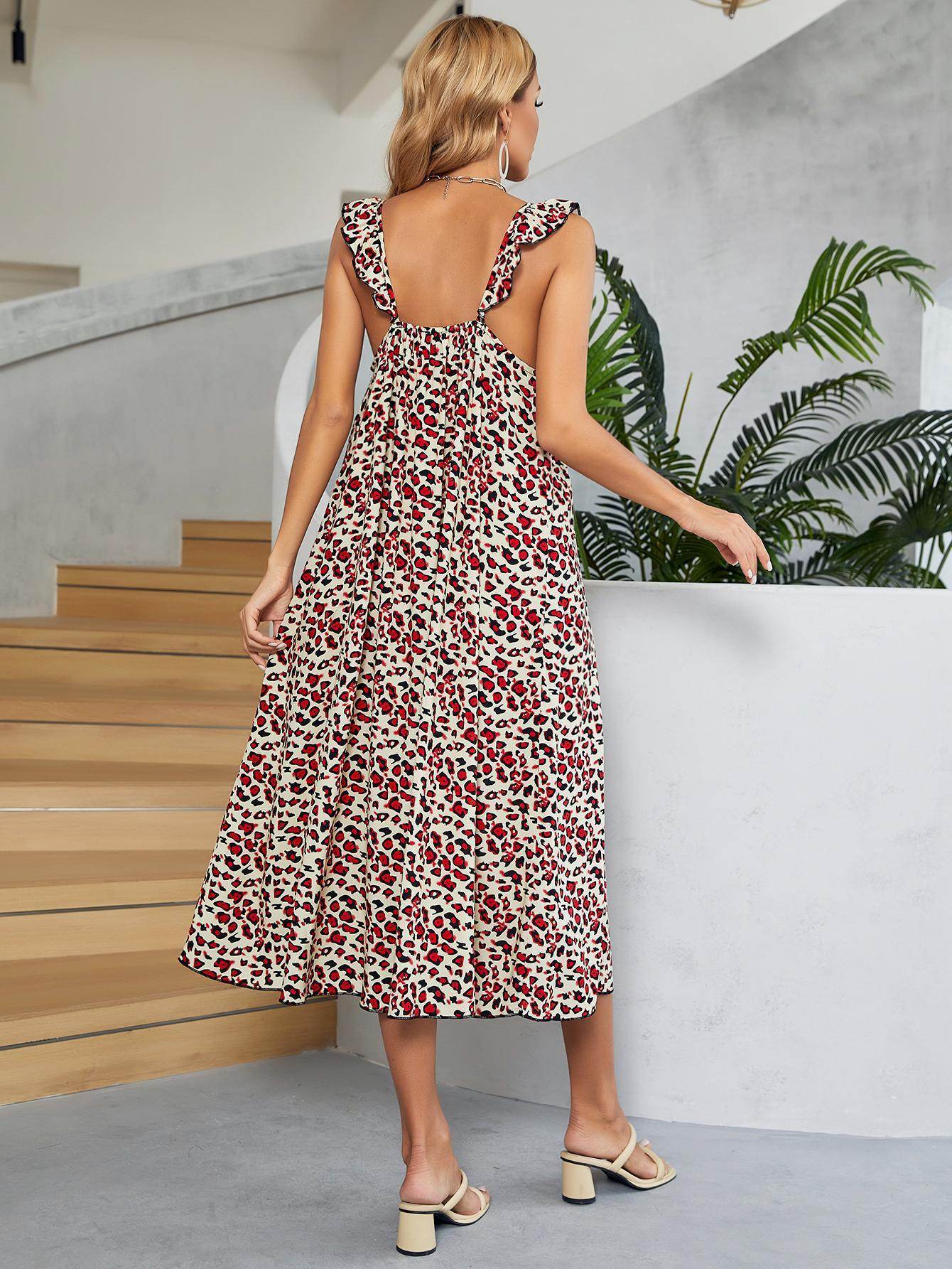 Printed Ruffled Sleeveless Midi Dress for Chic Style - Selvanelle