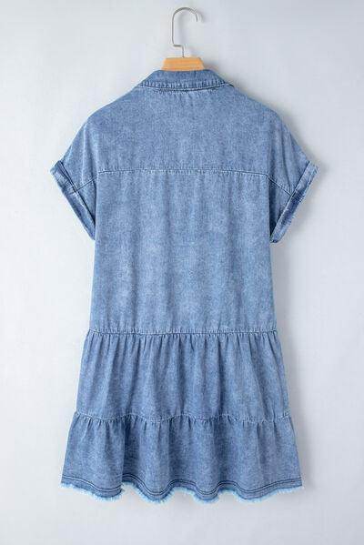 Raw Hem Collared Neck Short Sleeve Denim Dress for Women - Selvanelle
