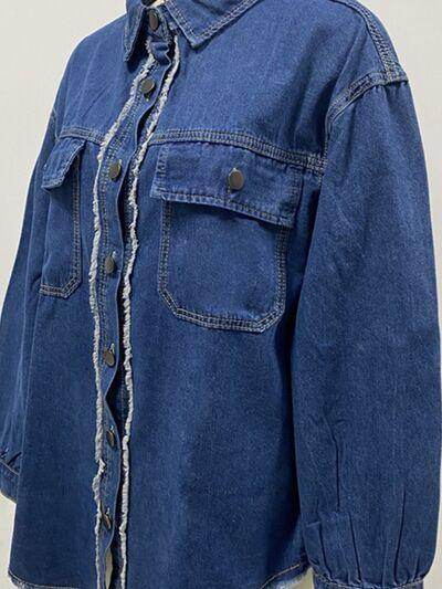 Pocketed Collared Neck Long Sleeve Denim Shirt for Women - Selvanelle