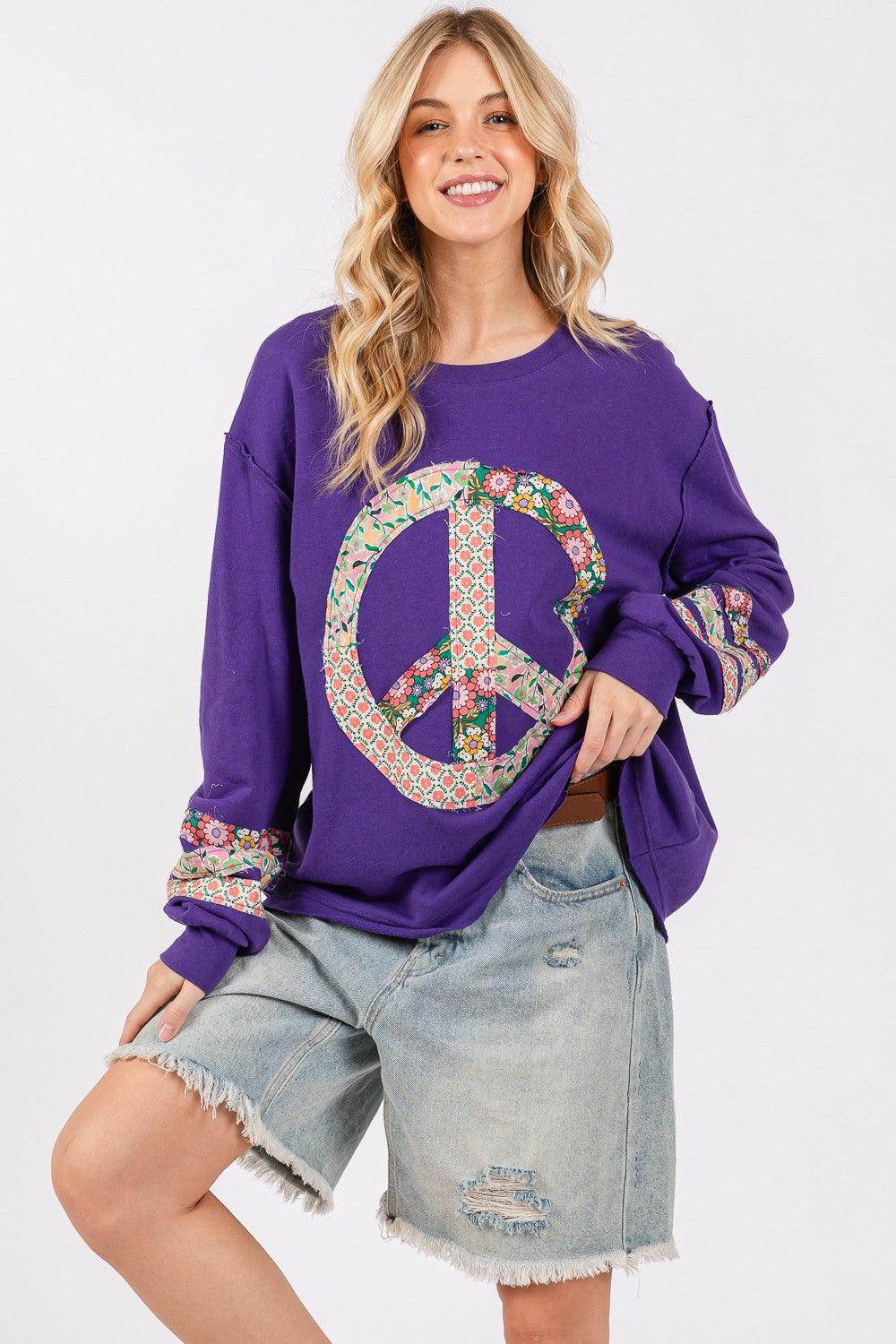 SAGE+FIG Peace Applique Patch Long Sleeve Top for Women - Selvanelle