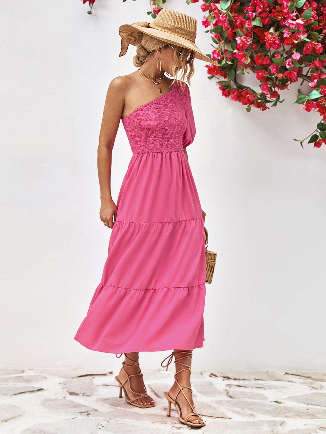 Chic Smocked One-Shoulder Midi Dress for Elegant Style - Selvanelle