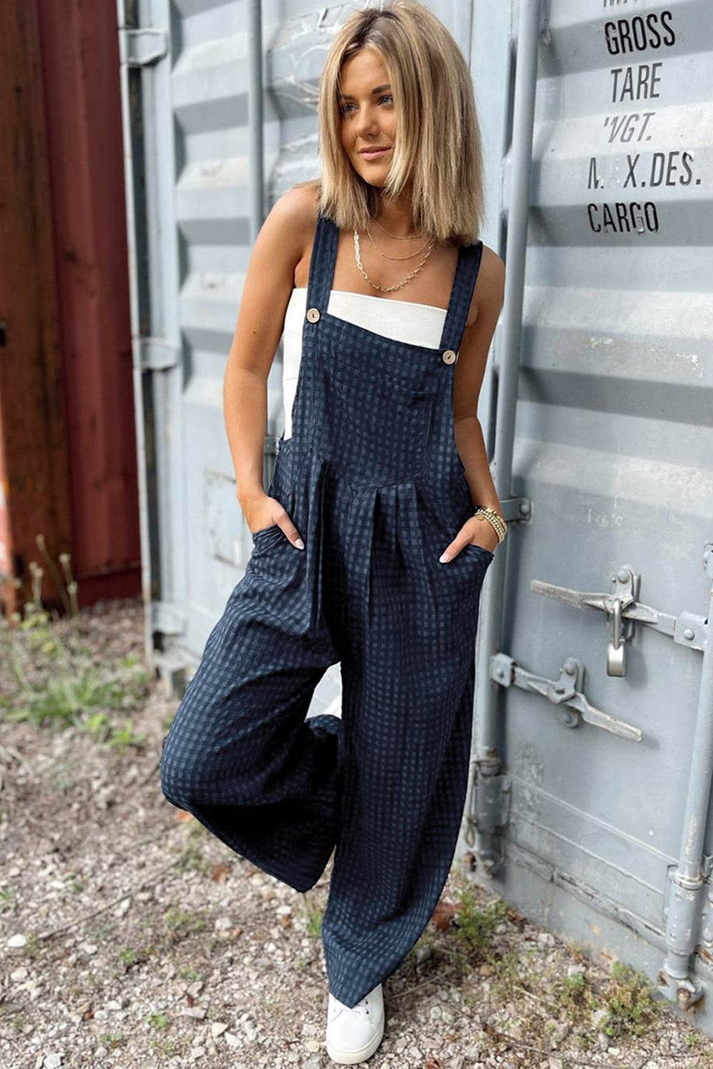 Plaid Wide Strap Wide Leg Overalls - Selvanelle