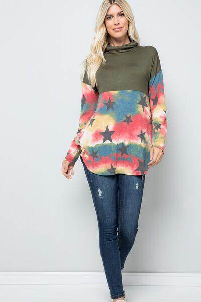 Celeste Full Size Tie-Dye Star Print Long Sleeve Blouse - Selvanelle