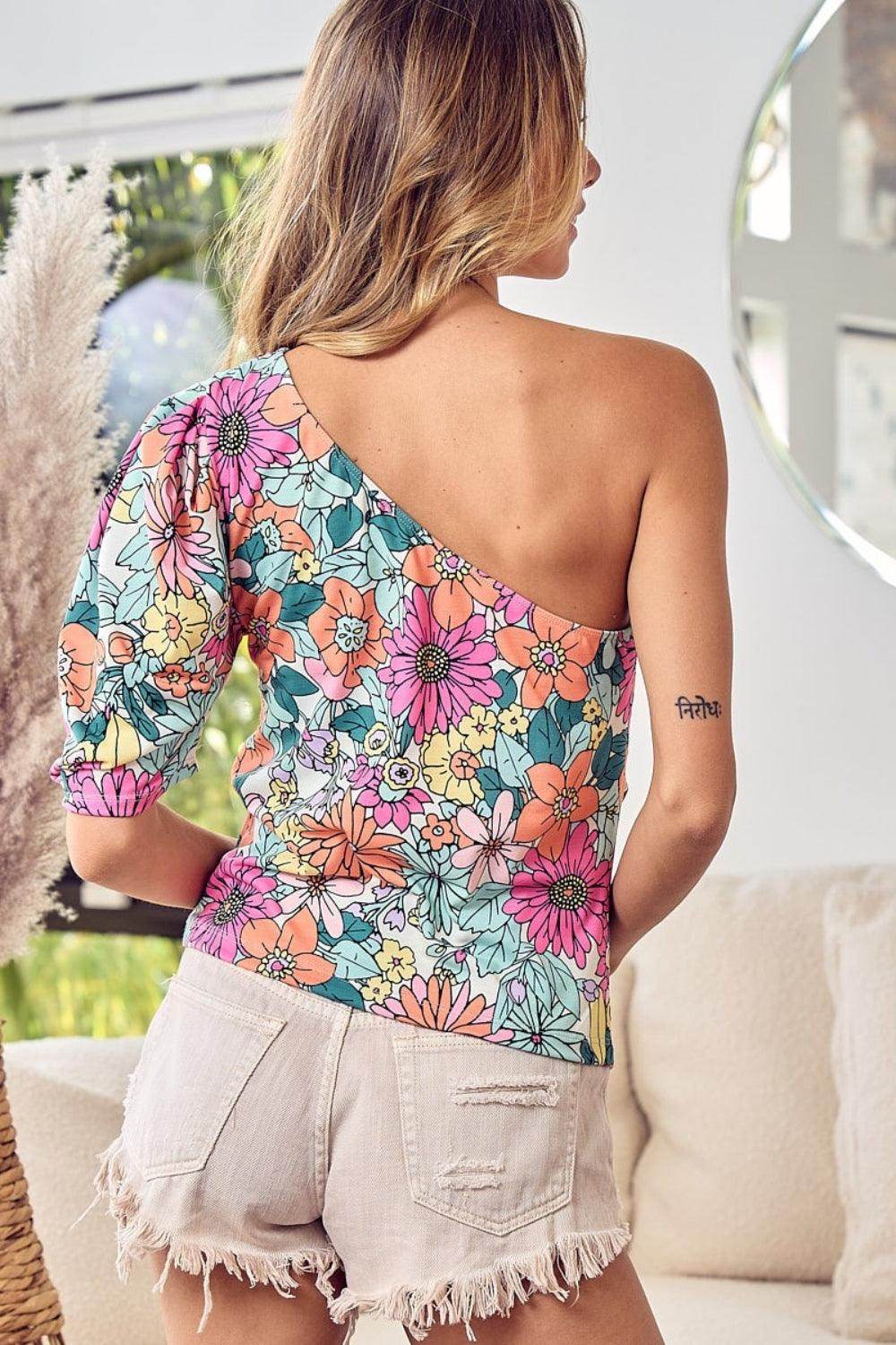 BiBi Floral Puff Sleeve One Shoulder Top for Women - Selvanelle