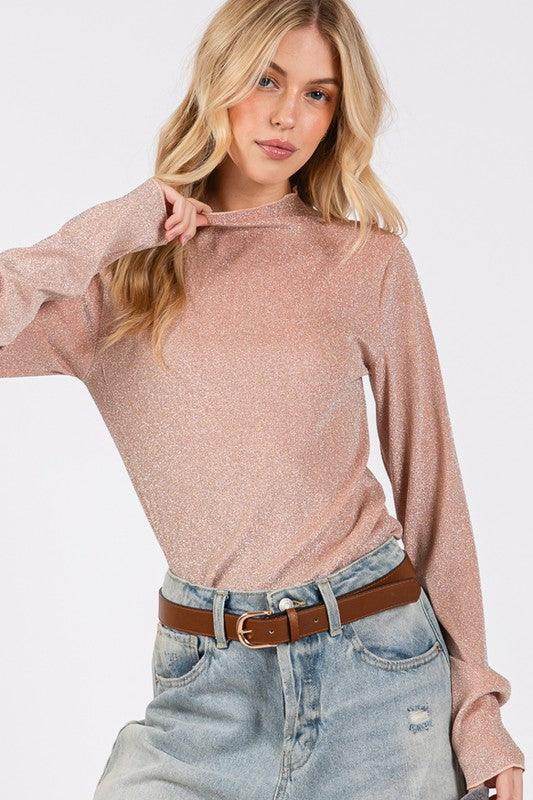 SAGE + FIG Glitter Mock Neck Lettuce Hem Long Sleeve Top - Selvanelle