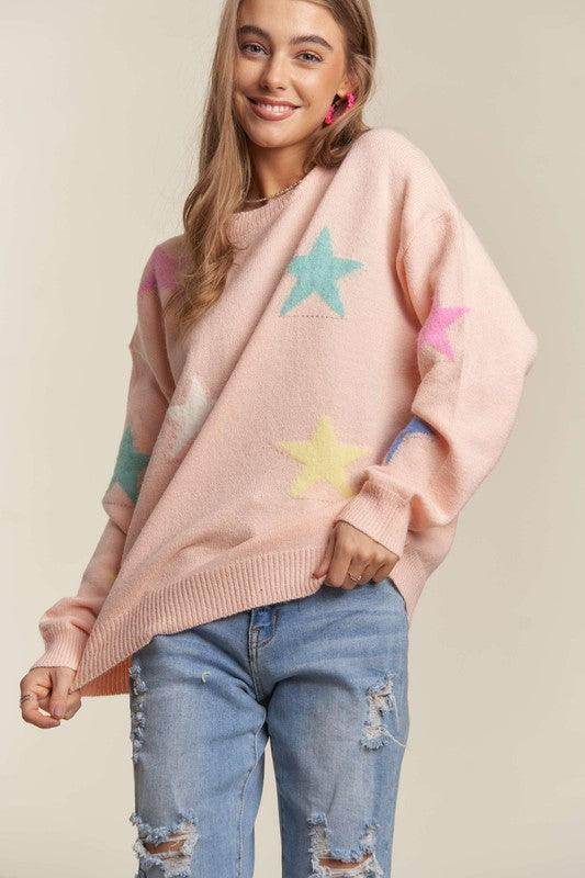 ADORA Stars Pattern Round Neck Drop Shoulder Sweater Style - Selvanelle