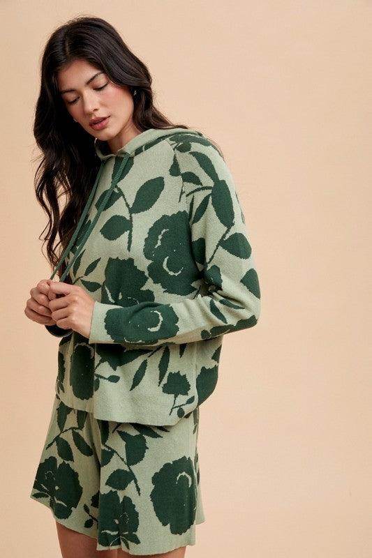 Annie Wear Flower Pattern Drawstring Hooded Top and Shorts Set - Selvanelle