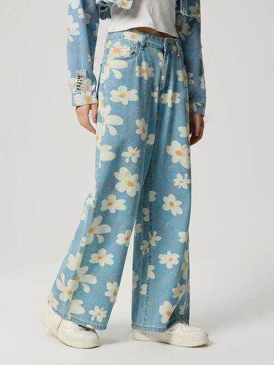 Pocketed Floral Wide Leg Jeans for Stylish Comfort - Selvanelle