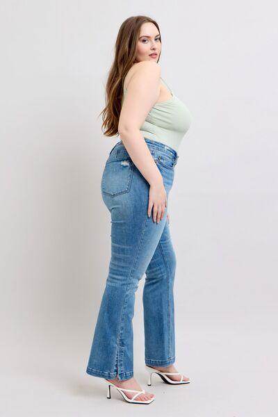 Judy Blue HW Tummy Control Vintage Wash Side Slit Slim Boot Jeans - Selvanelle