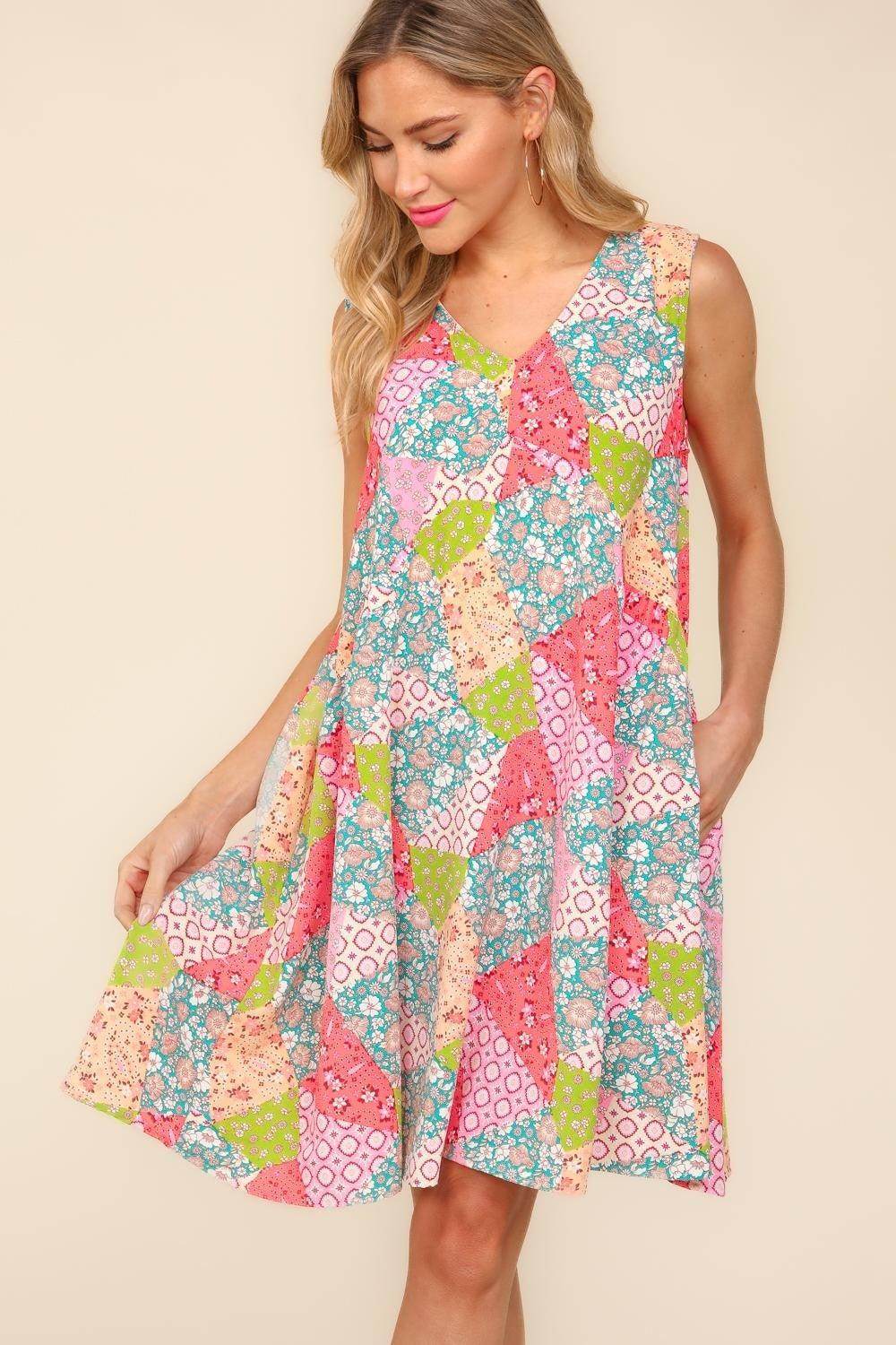 Haptics Full Size Babydoll Floral Patchwork Dress with Side Pockets - Selvanelle