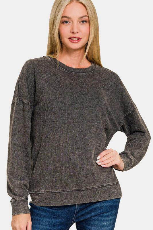 Zenana Washed Round Neck Dropped Shoulder Sweatshirt for Women - Selvanelle
