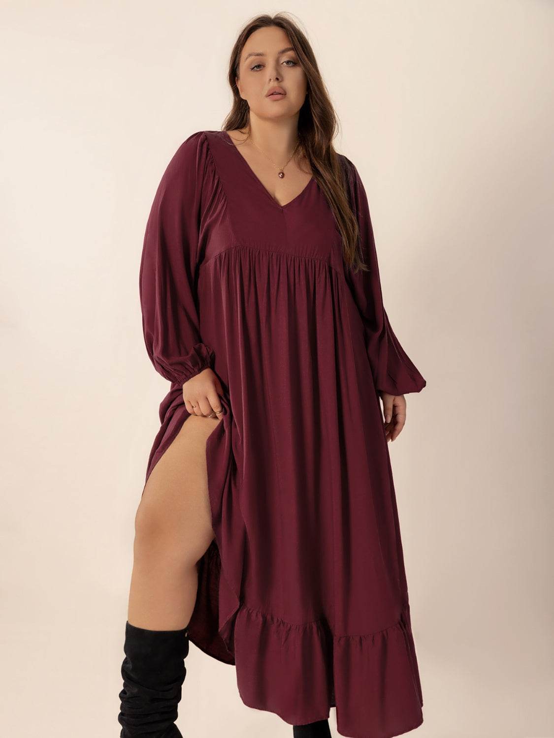 Plus Size Ruffled Hem V-Neck Balloon Sleeve Dress - Selvanelle