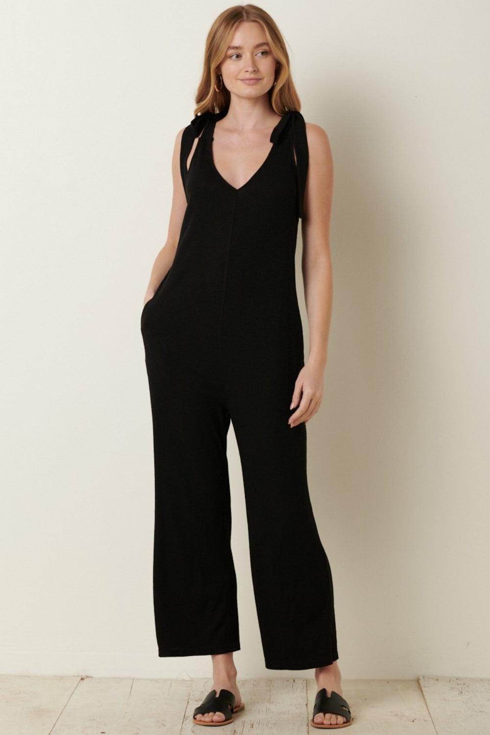 Mittoshop Rib Knit V-Neck Cross Back Jumpsuit for Women - Selvanelle