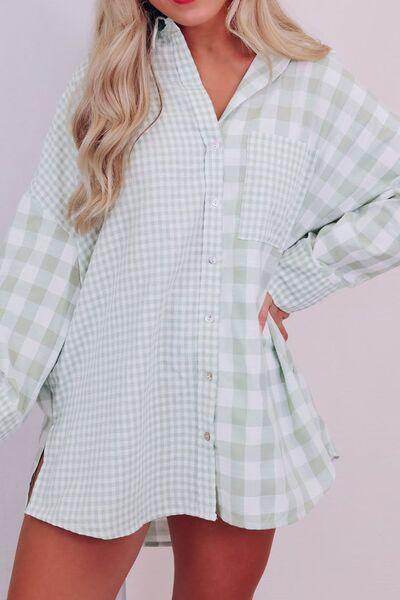 Pocketed Plaid Collared Neck Long Sleeve Shirt for Women - Selvanelle