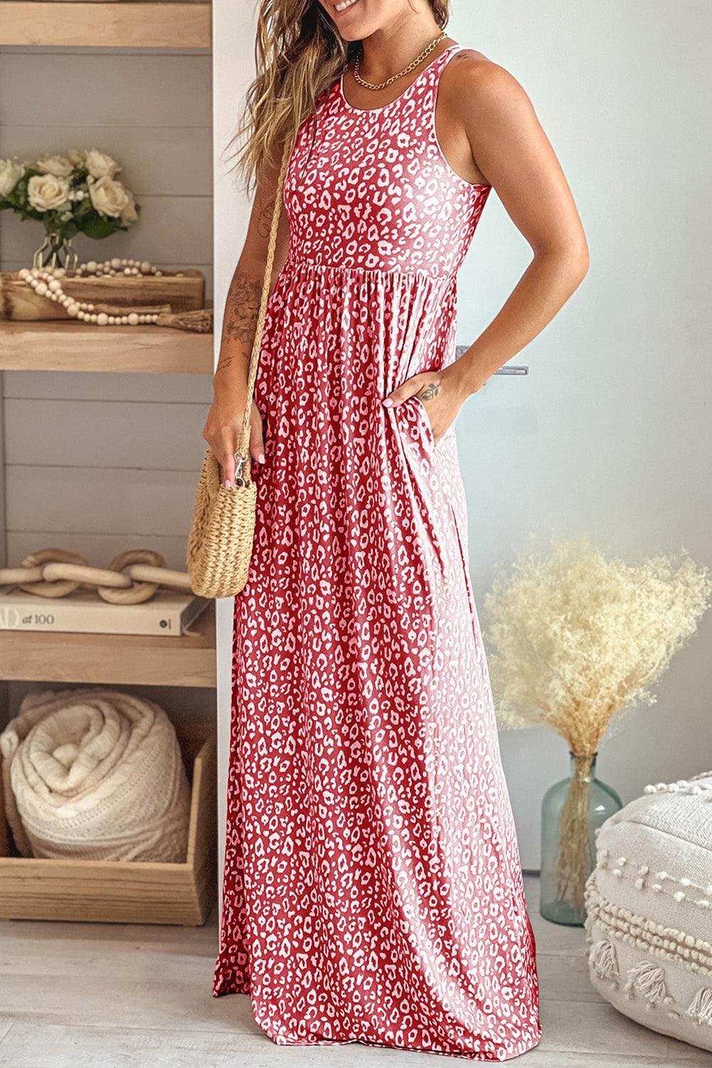 Leopard Round Neck Sleeveless Maxi Dress for Women - Selvanelle