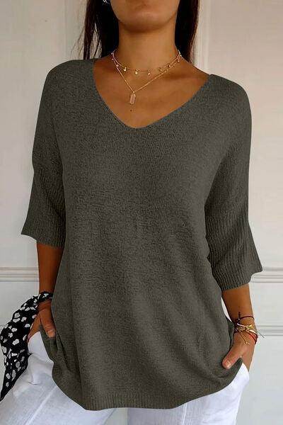 V-Neck Three-Quarter Sleeve Knit Top for Women Casual Wear - Selvanelle
