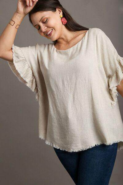 Umgee Full Size Raw Hem Ruffle Short Sleeve Blouse Plus Size - Selvanelle