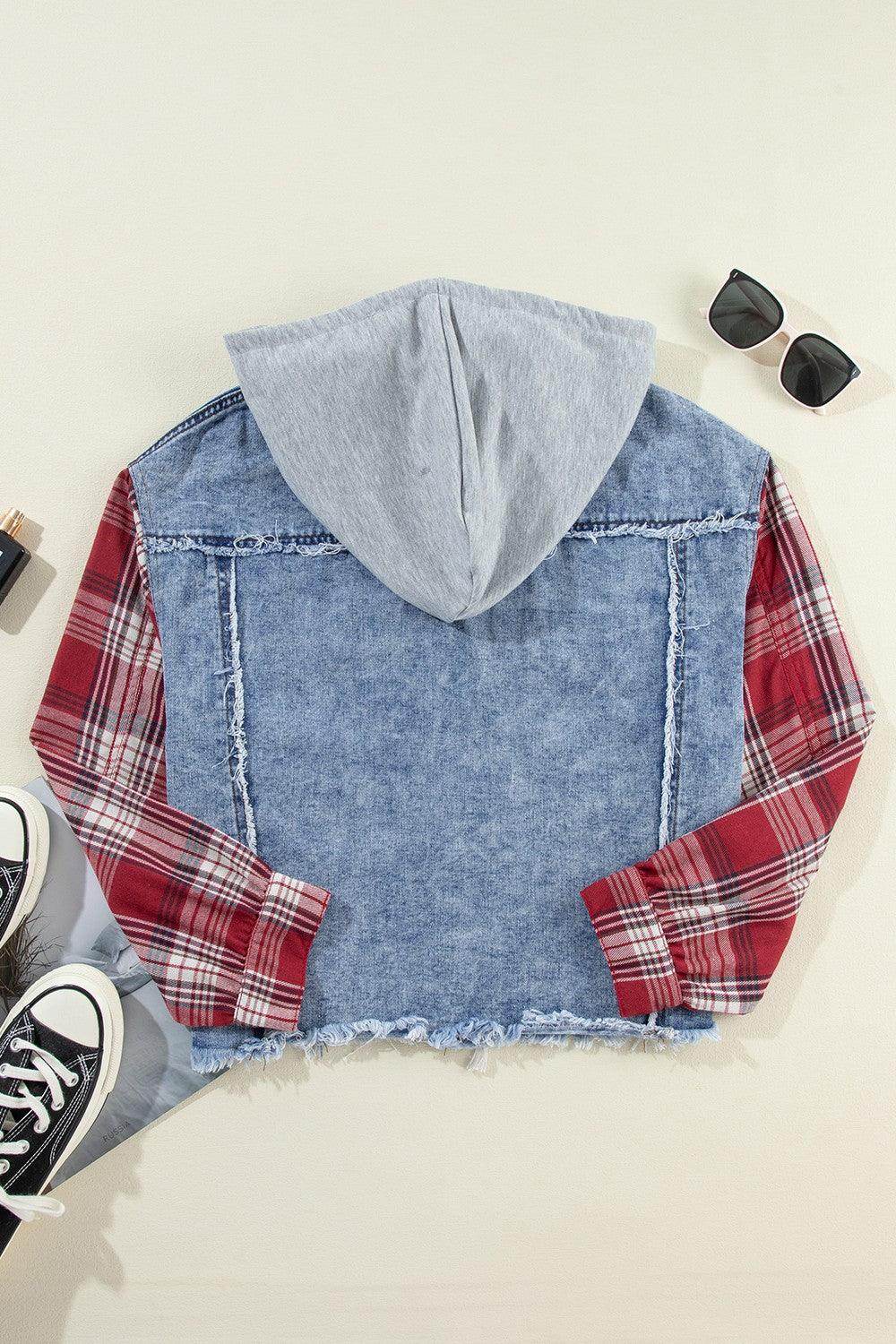 Raw Hem Drawstring Plaid Denim Jacket for Women - Selvanelle