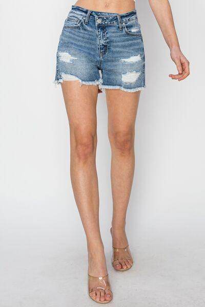 RISEN Stepped Waist Frayed Denim Shorts for Women - Selvanelle