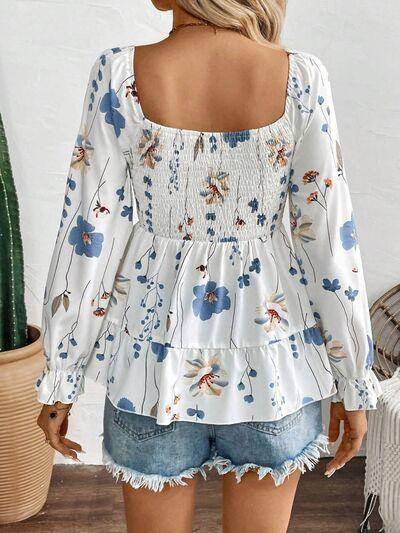 Smocked Floral Scoop Neck Flounce Sleeve Blouse for Women - Selvanelle