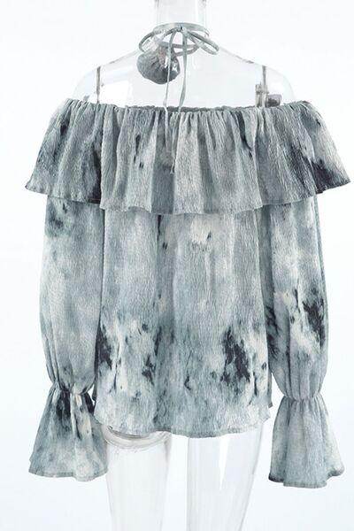 Printed Ruffled Off-Shoulder Blouse with Flower Neck Tie - Selvanelle