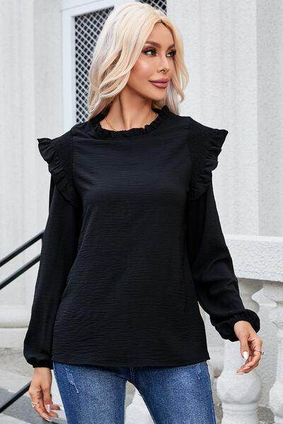 Frill Mock Neck Ruffled Balloon Sleeve Blouse for Women - Selvanelle