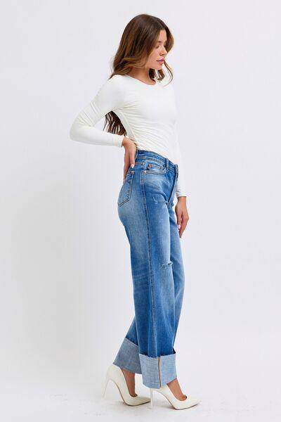Judy Blue Full Size Distressed High Waist Wide Leg Jeans - Selvanelle