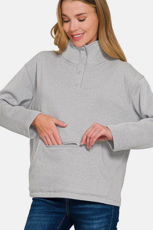 Zenana Turtleneck Half Snap Fleece Sweatshirt for Comfort - Selvanelle