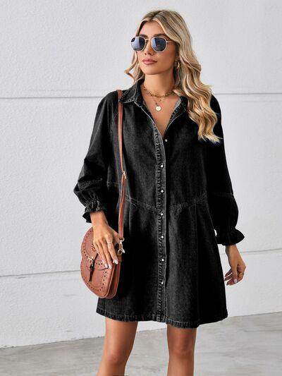 Button Up Flounce Sleeve Mini Denim Dress for Women - Selvanelle