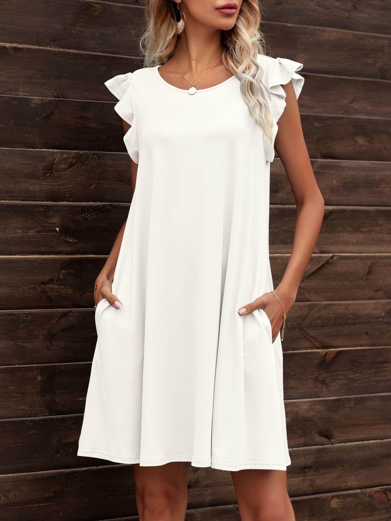 Round Neck Flutter Sleeve Dress with Pockets for Women - Selvanelle