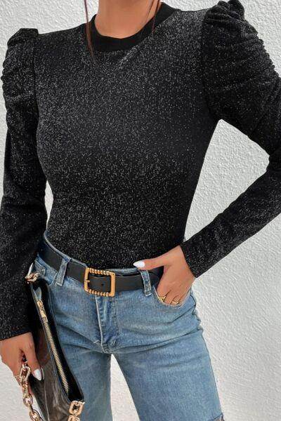 Metallic Round Neck Puff Sleeve Blouse for Stylish Elegance - Selvanelle