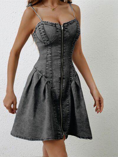 Ruched Zip Up Spaghetti Strap Denim Dress for Women - Selvanelle