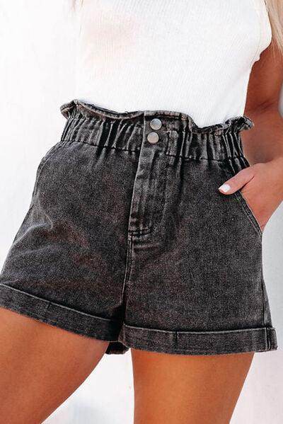 Stylish Paperbag Waist Denim Shorts with Pockets for Women - Selvanelle