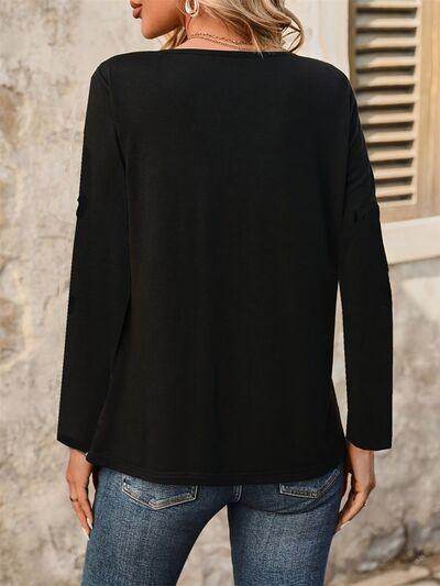 Notched Long Sleeve T-Shirt with Decorative Button Detail - Selvanelle