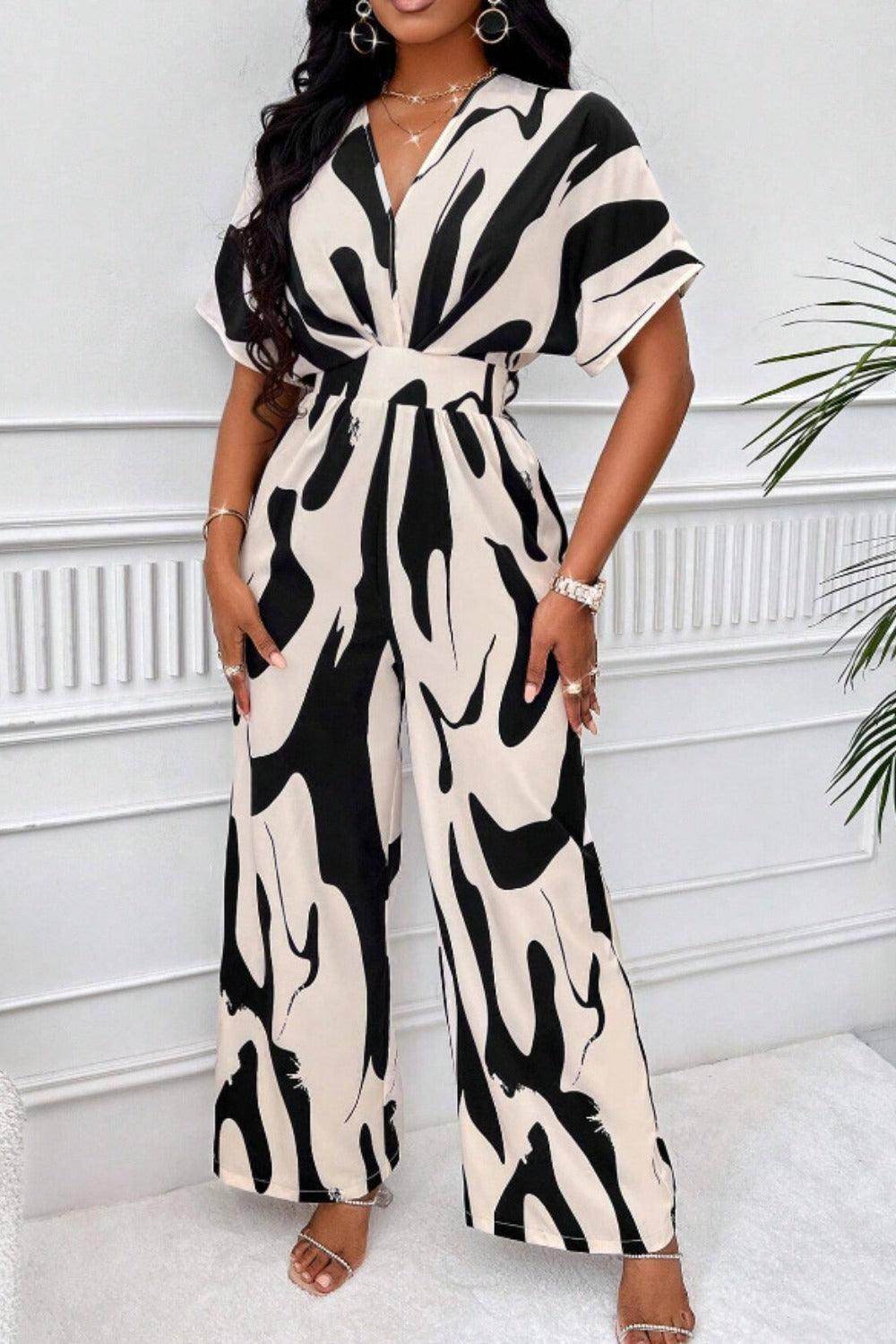 Printed V-Neck Short Sleeve Wide Leg Jumpsuit for Women - Selvanelle