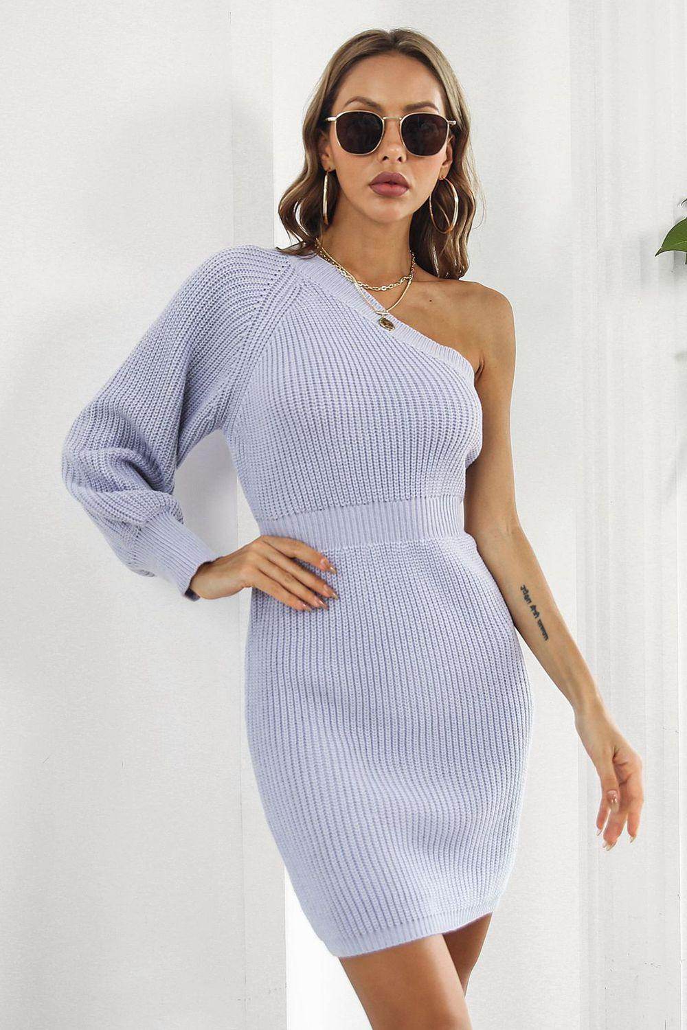 One Shoulder Raglan Sleeve Pencil Sweater Dress for Women - Selvanelle