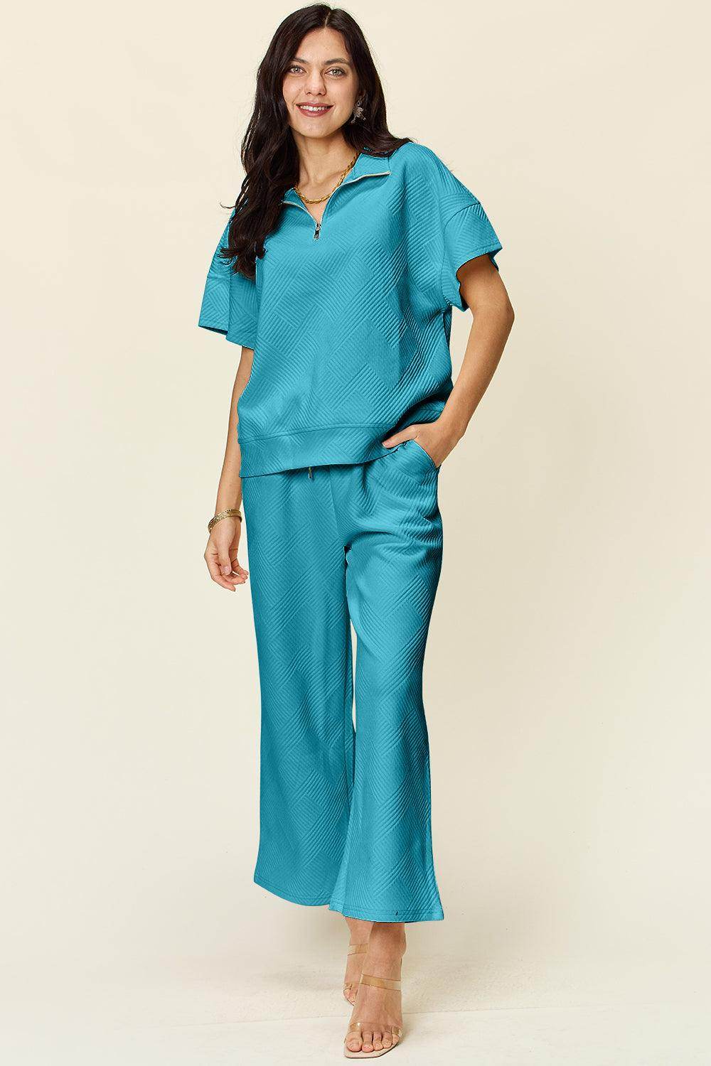 Double Take Full Size Texture Half Zip Short Sleeve Top Set - Selvanelle