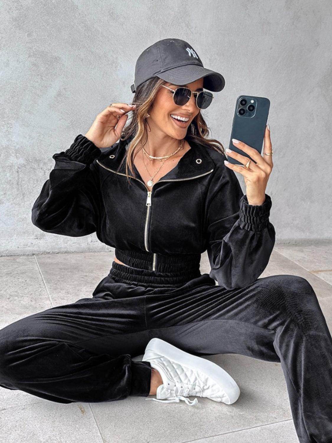 Zip Up Long Sleeve Cropped Top and Joggers Set for Women - Selvanelle